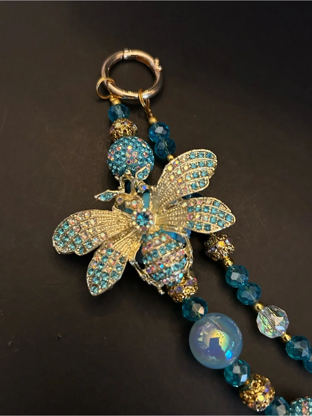 PREMIUM Bee Pendant Purse 👛 Bag Chain Necklace w/Turquoise Crystal Beads